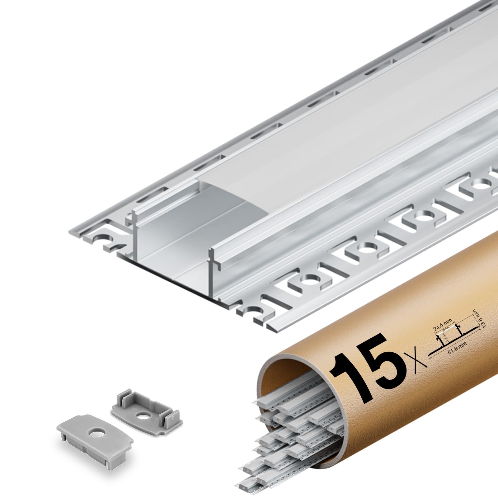 Shine Plus LED Fliesenprofil für Led-Streifen 15 x 2 m, Mit milchweißer PC-Abdeckung, LED Trockenbauprofil 24,4 mm (Flügel 61,8 mm) x 13,8 mm, Unterstützt die maximale Breite des Streifens 20 mm