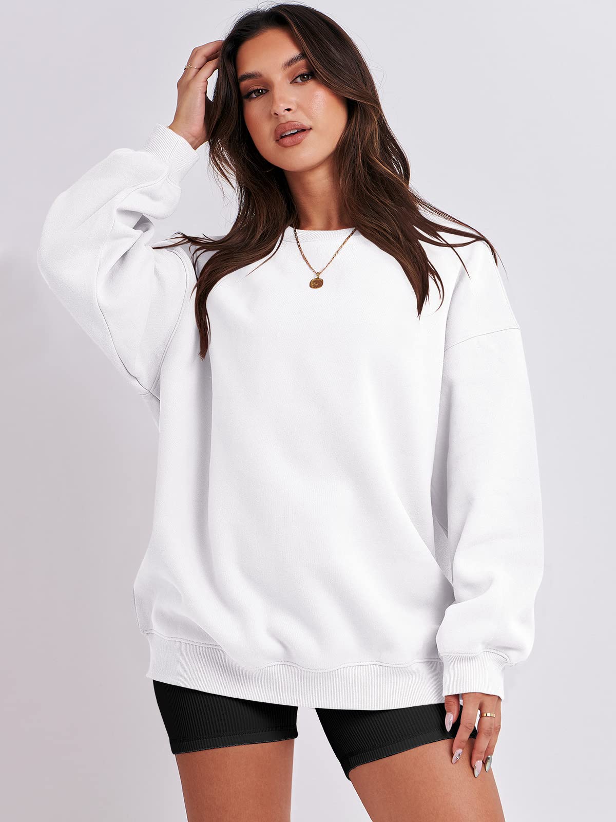 Damskie bluzy oversize bluzy z kapturem polar okrągły dekolt sweter top codzienne jesienne stroje preppy ubrania nastolatki 2024 A1019 światło, Jeden kolor, White_L