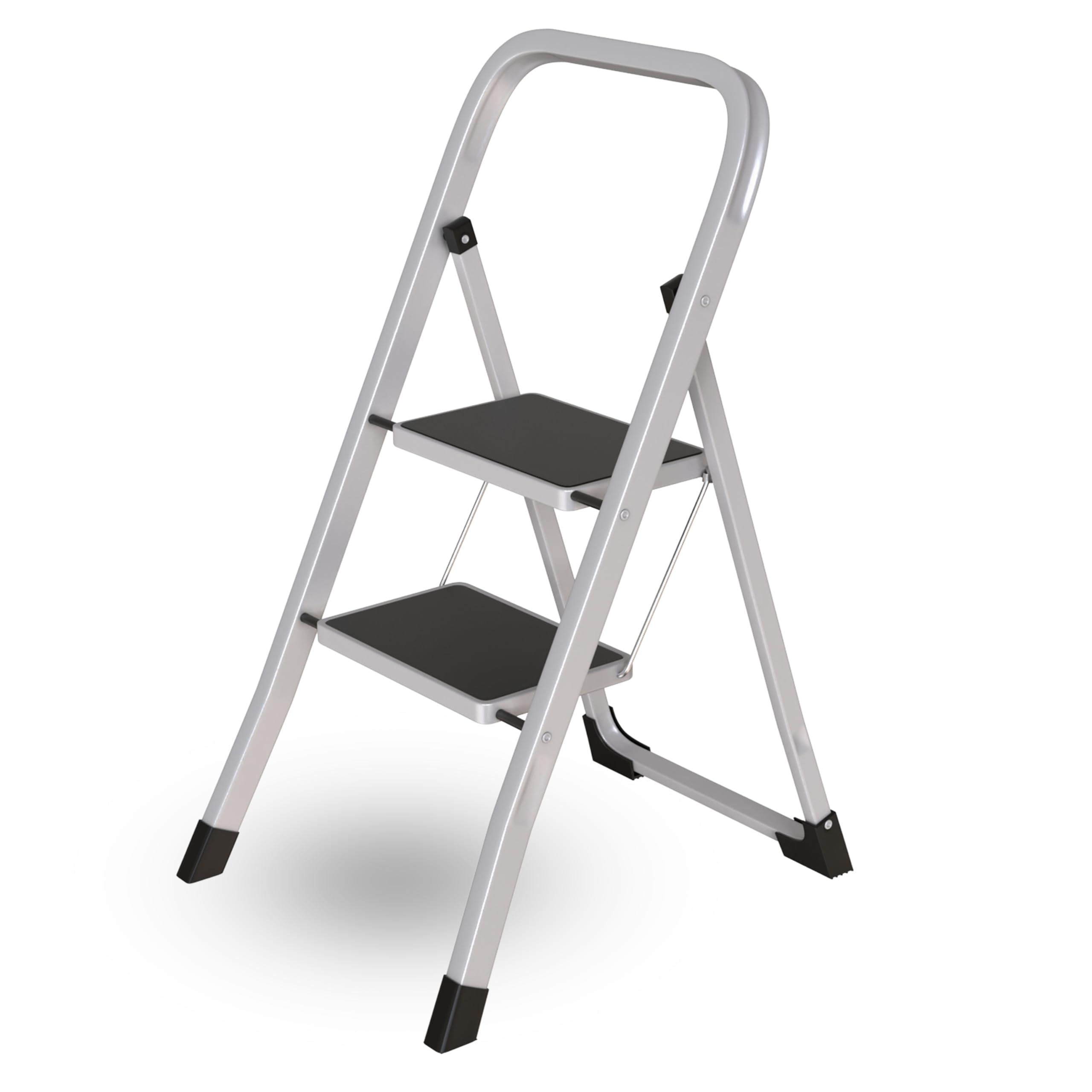 2 Step Ladder | Portable Folding Ladders | Lightweight Sturdy Steel Ladder | Anti Slip Feet | Non-Slip Safety Treads | Easy to Store Step Stool | DIY Gardening Kitchen Garage Grey