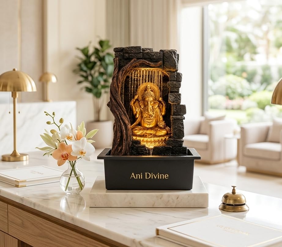 Ani Divine Lord Ganesha Water Fountain with LED Light for Home Decor - Small Indoor Waterfall Feature for Office, Hotel Reception, Living Room Decoration & Gifting (Black & Gold)-image-43