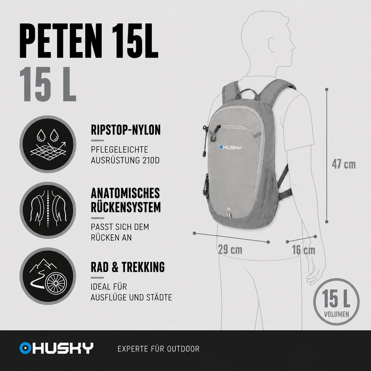 Szary Peten plecak turystyczny / rowerowy 15 l, szary