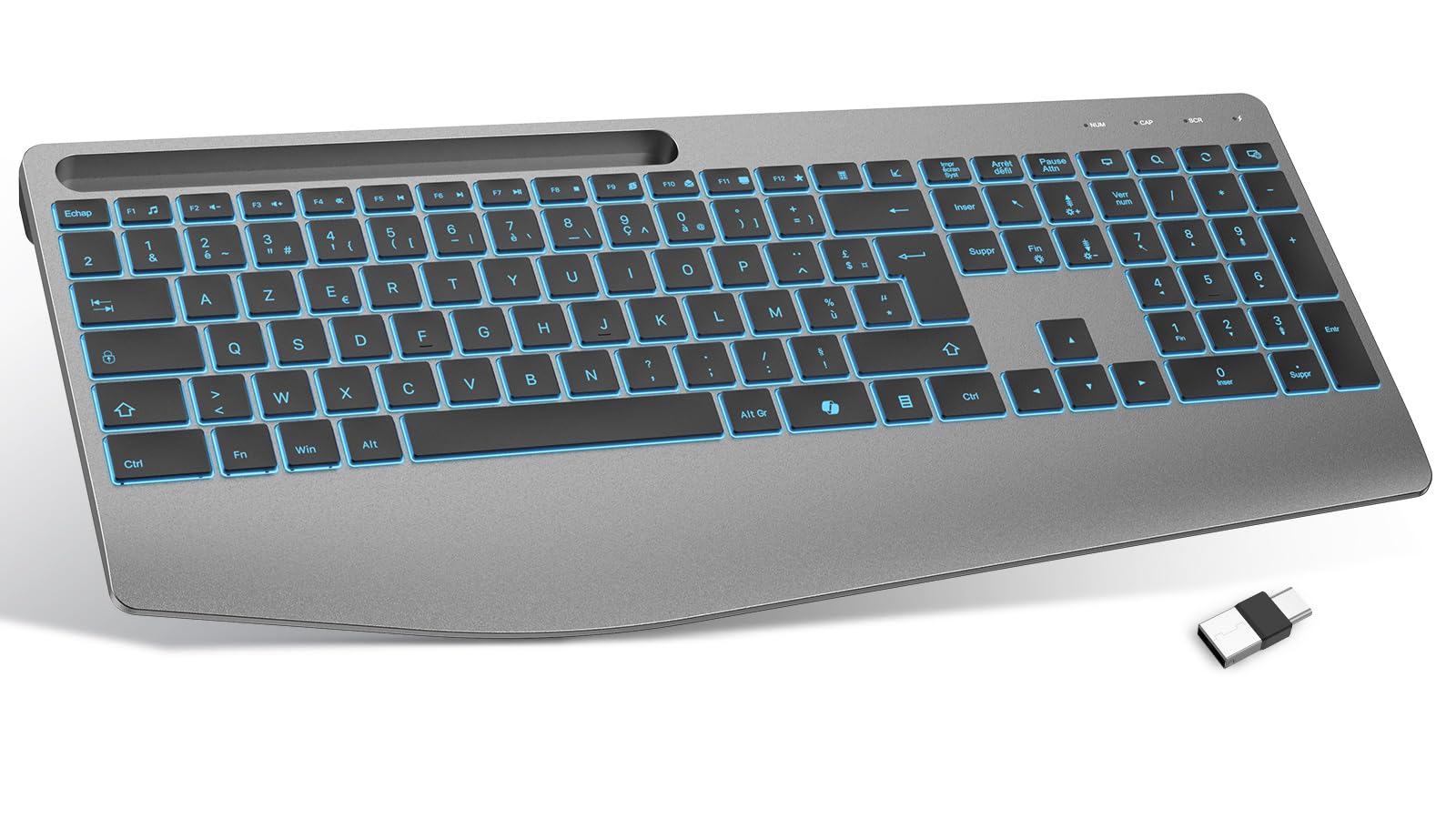 TECURS Teclado francés AZERTY inalámbrico ergonómico con reposamuñecas, 2,4 G inalámbrico Teclado silencioso Recargable, retroiluminado, Teclado para Ordenador para Windows