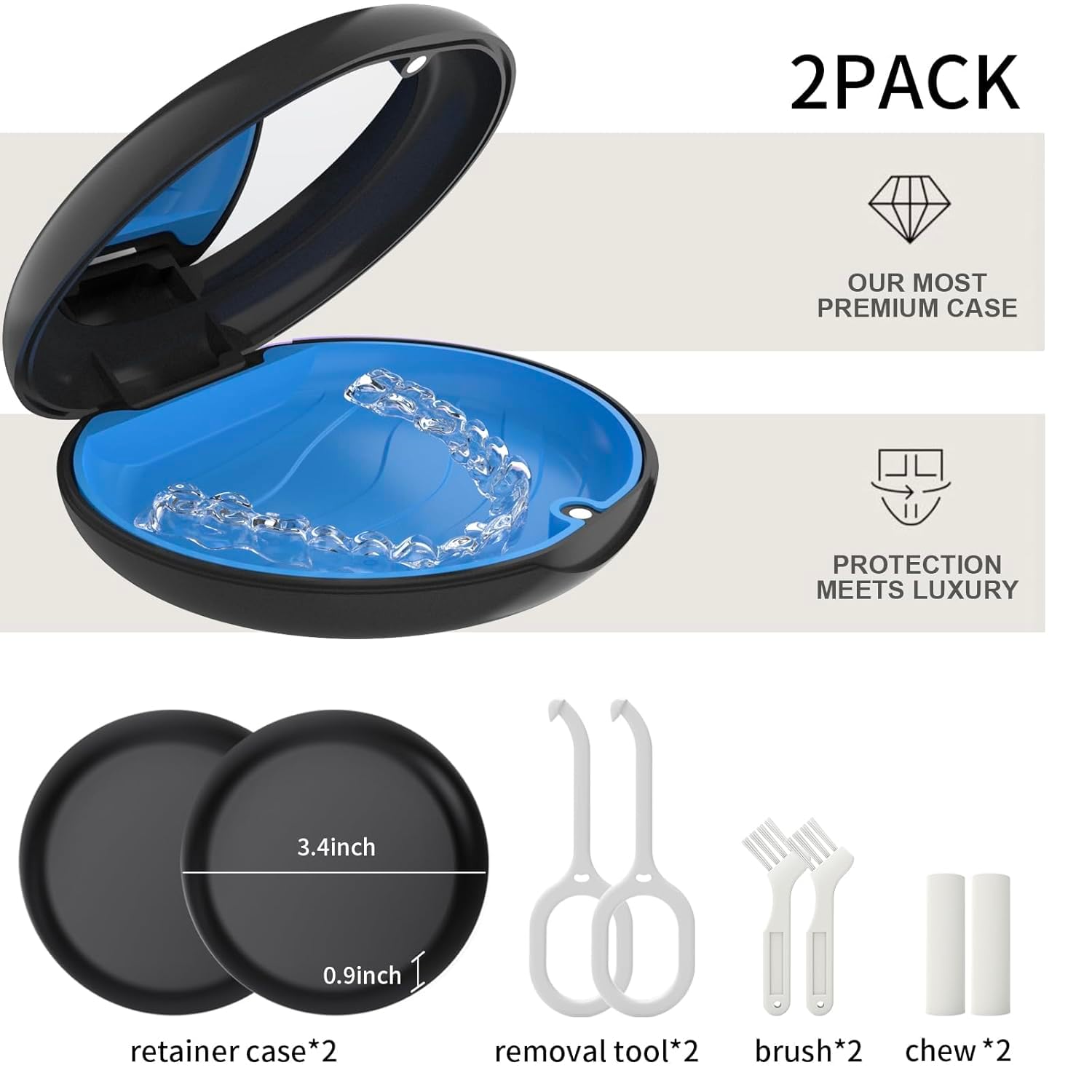Paquete de 2 fundas de retención con espejo, compatible con Invisalign, funda de alineación ortodóntica con herramienta de extracción y cepillo, color negro