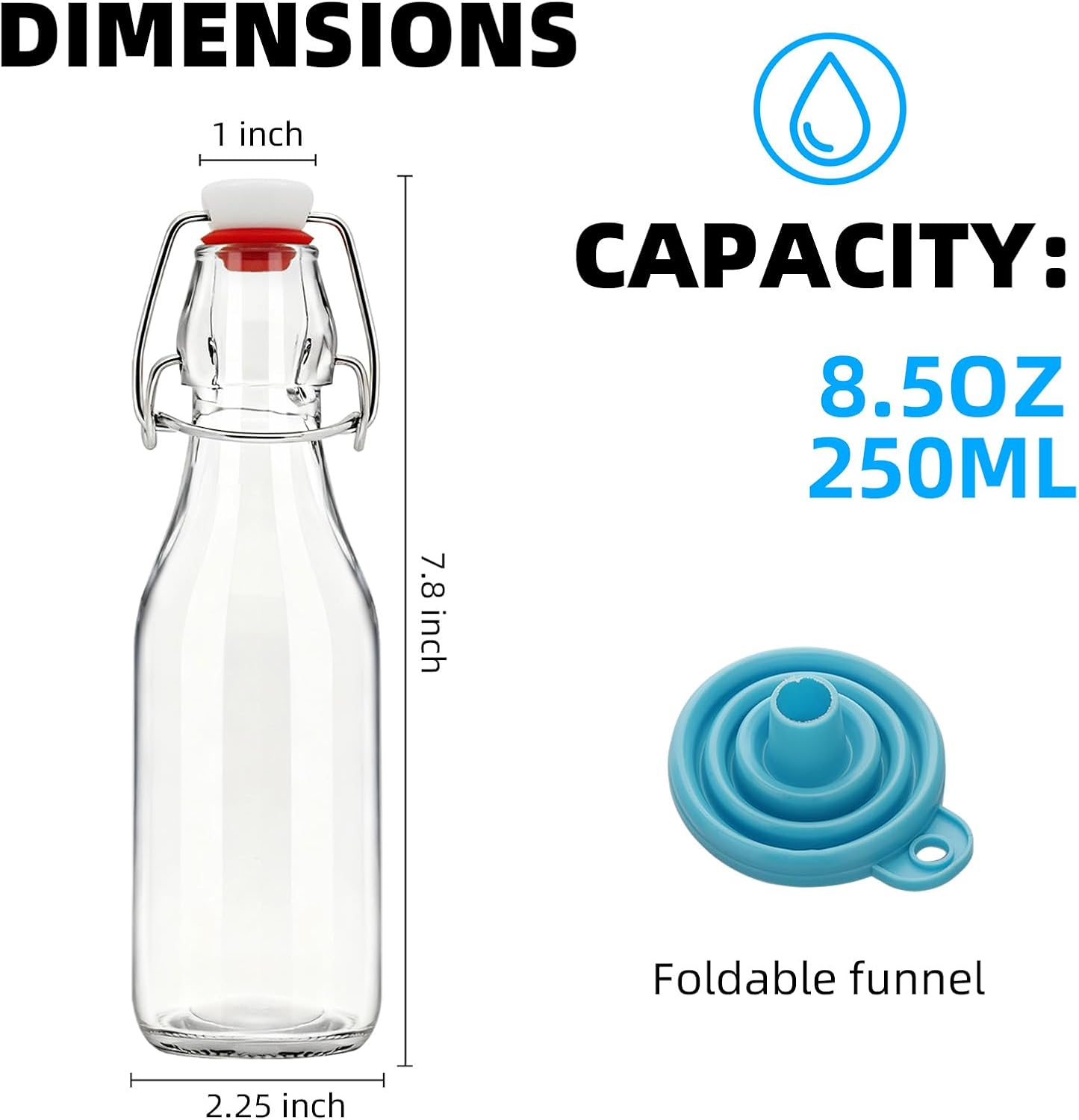 1Pc (8.5oz Round) clear Swing Top Brewing Bottles with Leak Proof Easy Caps, Glass Beer Bottle Flip Top Bottles For Kombucha, Kefir, Vanilla Extract, Beer (8.5oz Round)