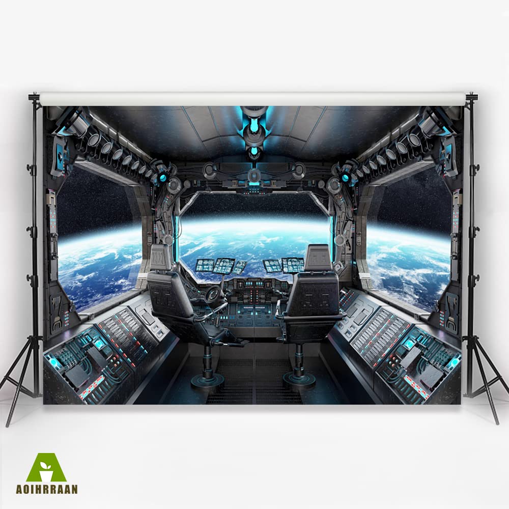 Aoihrraan 2,2x1,5m Nave Espacial Ventana Vista Fondo Exterior Espacio Nave Espacial Cabina Luna Superficie Universo Exploración Fotografía Fondo para Niños Cumpleaños Fiesta Retrato Foto Estudio Prop