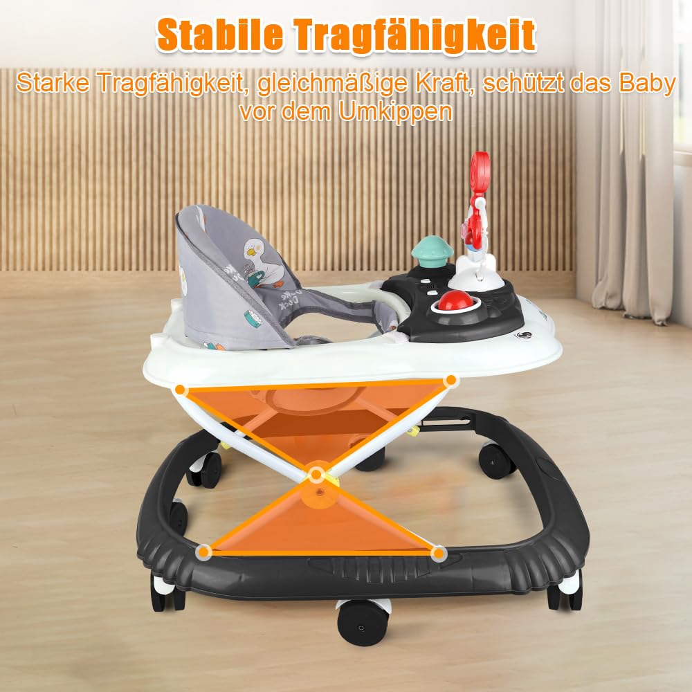 OHMG Trotteur Babywalker 5 en 1 Chariot d'éveil et de marche Trotteur,Fonction basculante Transat avec roulettes,Lumière,Musique,Aire de jeu Table à manger Trotteur Pliable
