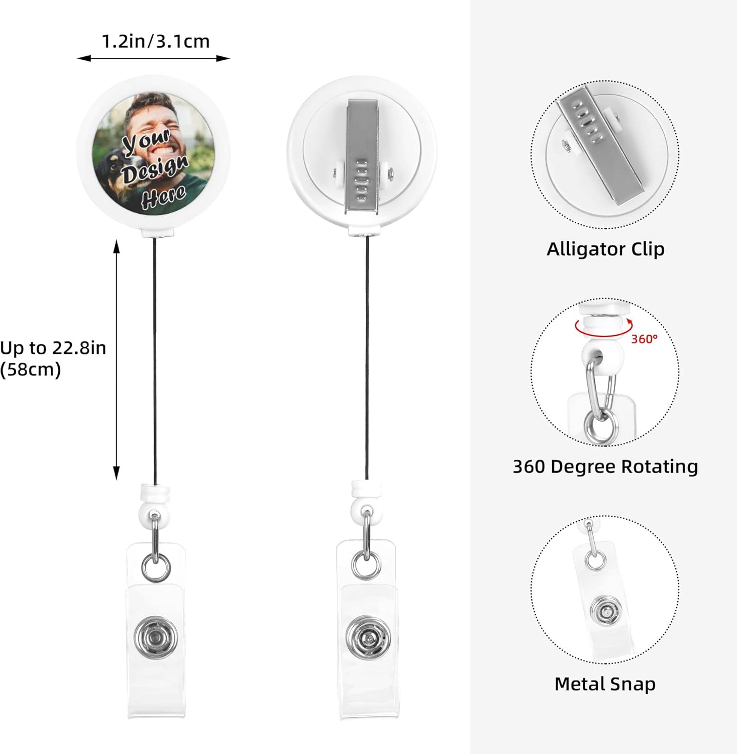 Personalized Retractable ID Badge Holder, Custom Badge Reel Alligator Clip with Photo, Logo, and Name - Ideal for Office Workers, Nurses, Doctors, Teachers, and Students - 20 Pack