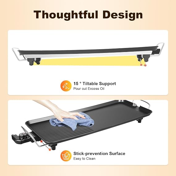 1500W Electric Griddle Nonstick Teppanyaki Grill Electric Grill for Outdoor Use Nonstick Large Cooking Plate with 5 Temperature Setting for Indoor/Outdoor Use, 26L x 11W