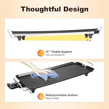 1500W Electric Griddle Nonstick Teppanyaki Grill Electric Grill for Outdoor Use Nonstick Large Cooking Plate with 5 Temperature Setting for Indoor/Outdoor Use, 26L x 11W