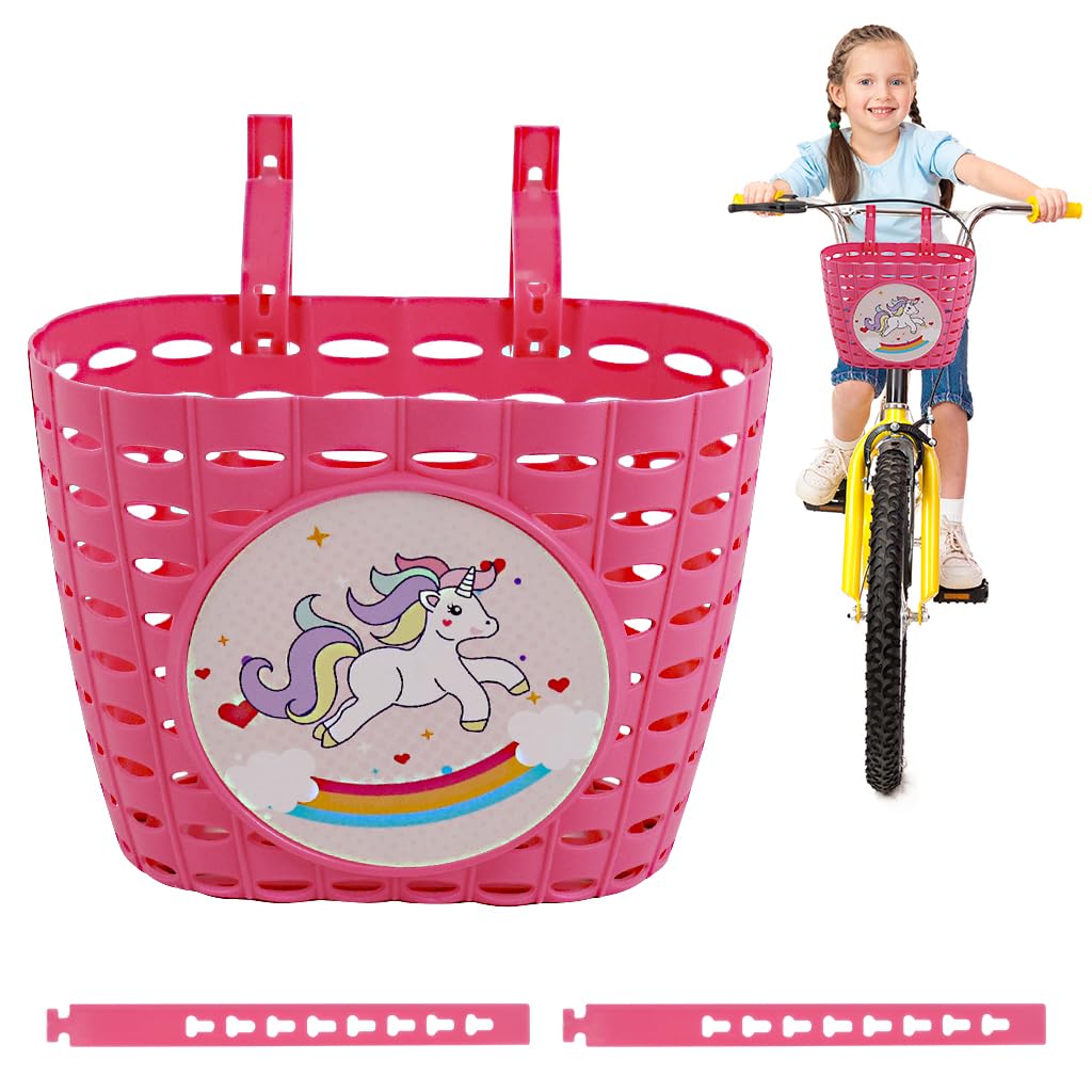 Proberos® Girls Bike Basket, Kids Plastic Bicycle Front Basket Cute Pink Unicorn Adjustable Fastening Strap Design Universal Basket for Kids Bicycle, Scooter, Tricycles, 20x13x15cm-picture-24