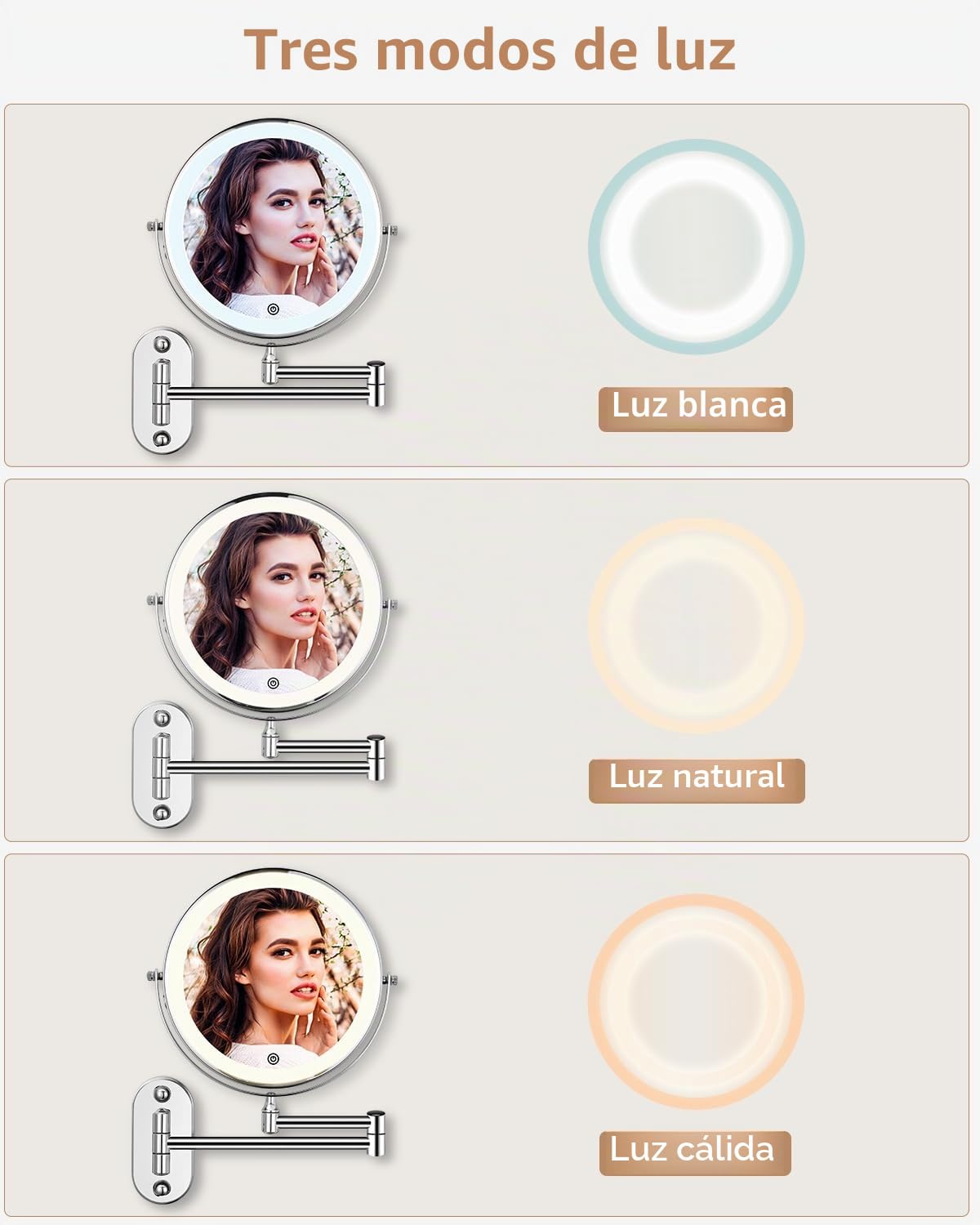 jutyum Espejo de Aumento con iluminación LED, Espejo de Aumento, Espejo de tocador de Pared Giratorio de 360° para baño con iluminación 1X/10X, Aumento del Espejo con iluminación, 3 Luces de Color