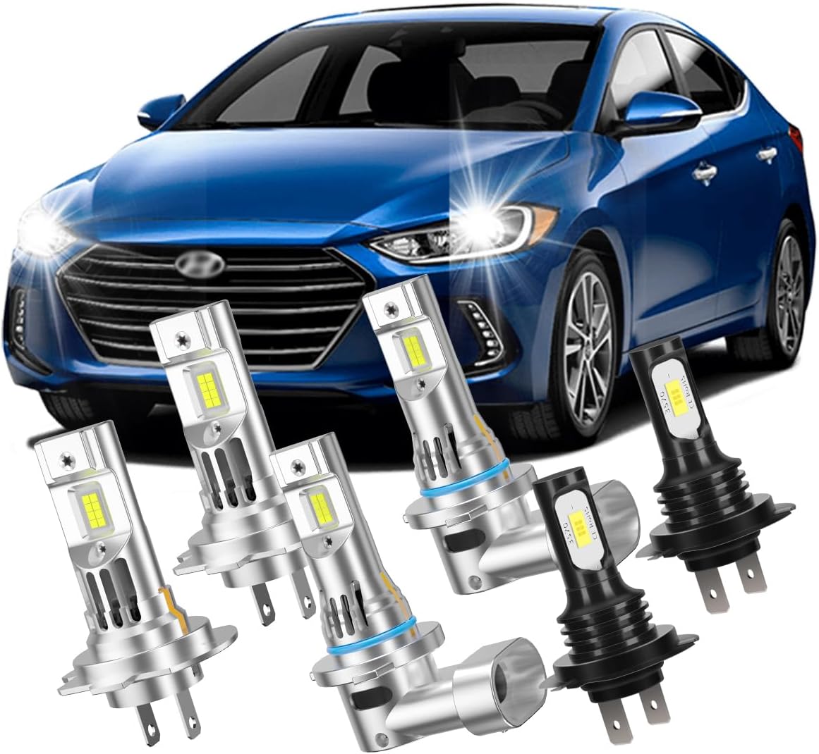 LED Headlight Bulb Kit compatible with Hyundai Elantra 2018, H7 High and 9005 Low Beam with H7 Fog Light, 6000K White, Cooling Fan, 6-Pack