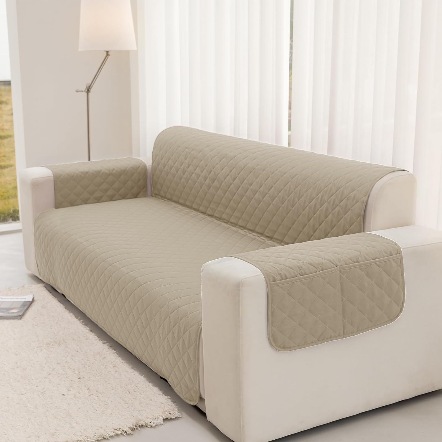 Waterproof Sofa Cover 2 Seater 120 cm, Anti-Cat Sofa Covers with Arms, Universal Reversible Sofa Protector, Beige