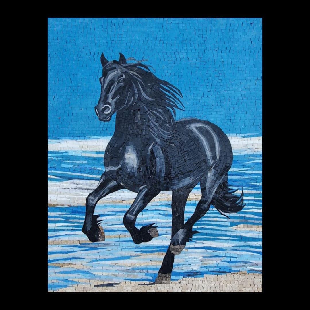 Handmade Black Horse Marble Mosaic Wall Art, Animal Stone Mosaic Artwork, Hand-Cut Contemporary Equestrian Wall Décor