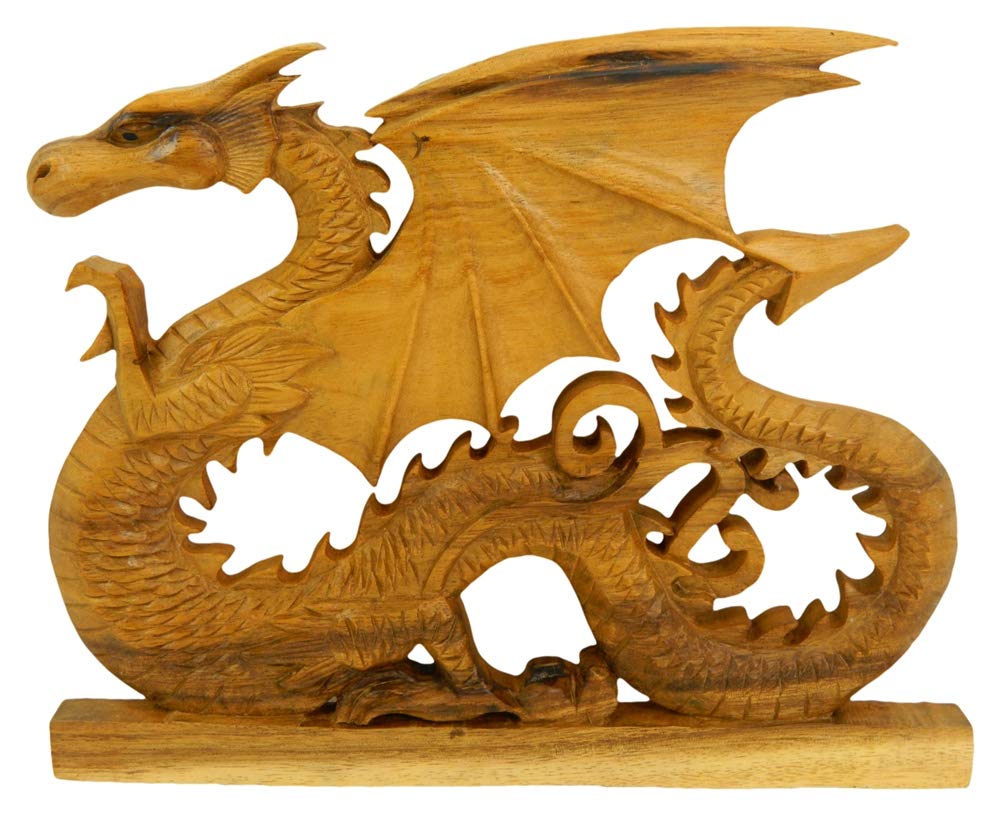 Thai Gifts Brown Wooden Dragon Wall Art Carving Hanging Tile Plaque - Welsh Dragon Rampant