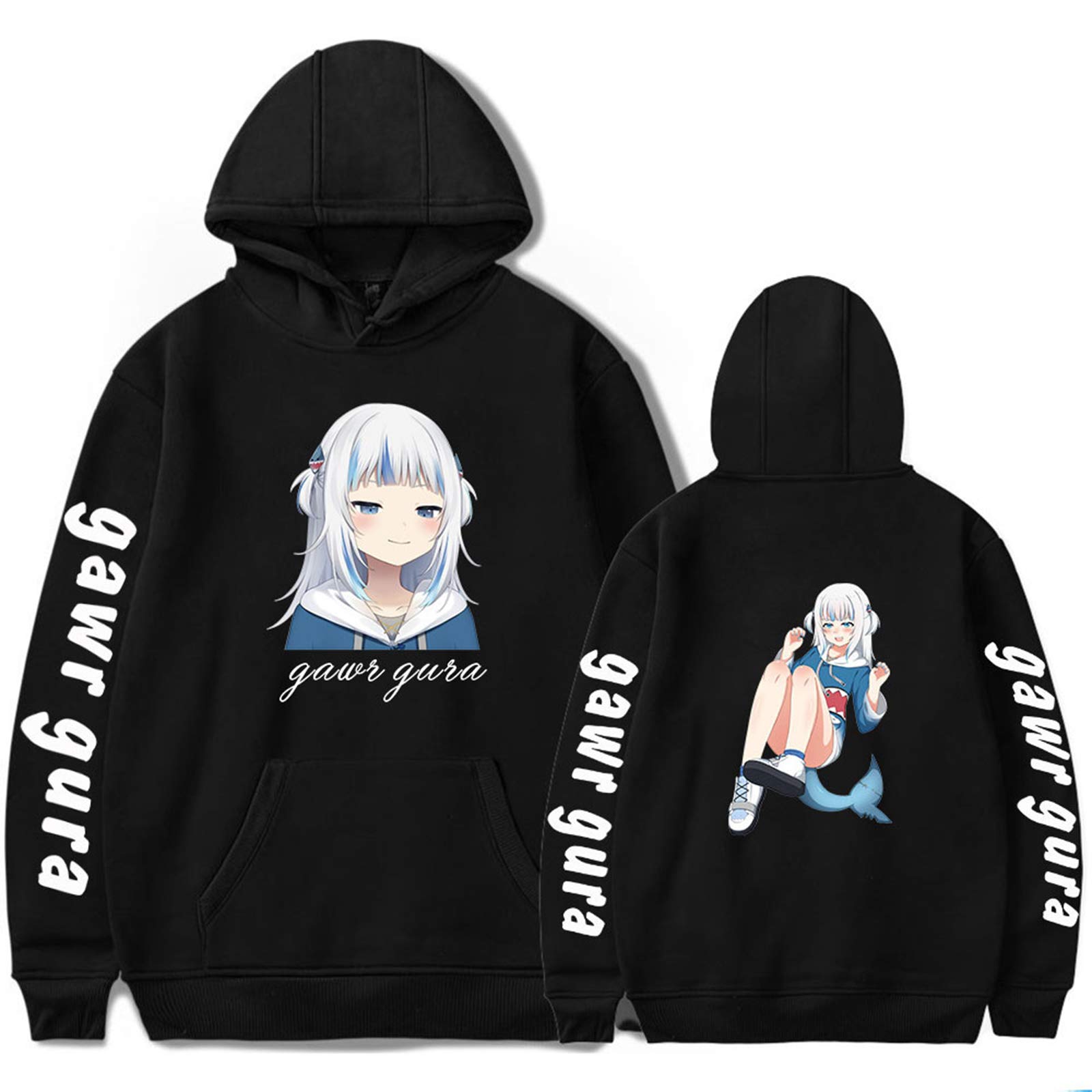 Keephen Women's B-Black Unisex Anime Virtual Anchor Gawr Gura Casual Long Sleeve Hoodie Virtual Idol Gawr Gura Cosplay Sweatshirts