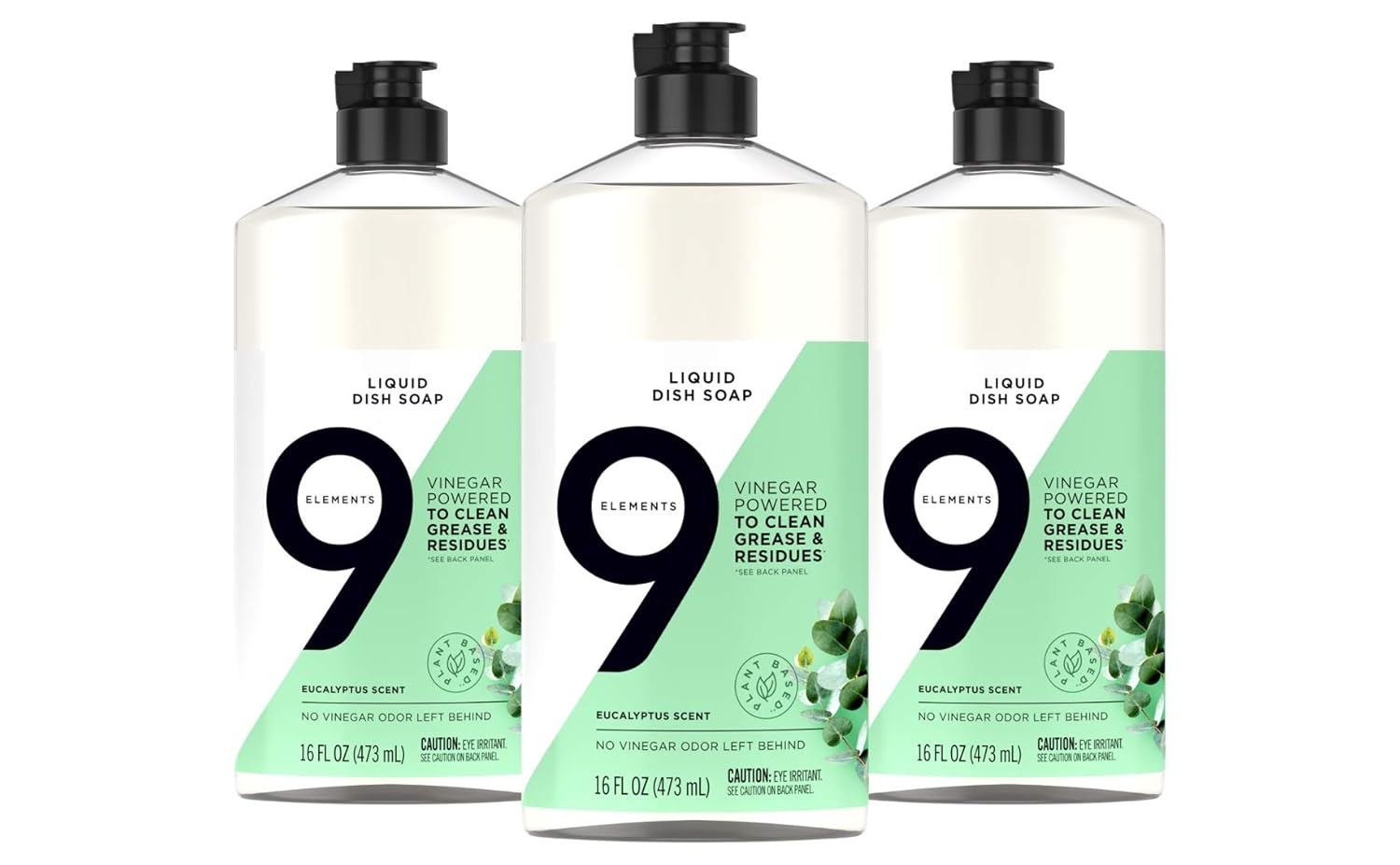 9 Elements Dishwashing Liquid Dish Soap Eucalyptus Scent Cleaner 16 oz Bottles Pack of 3