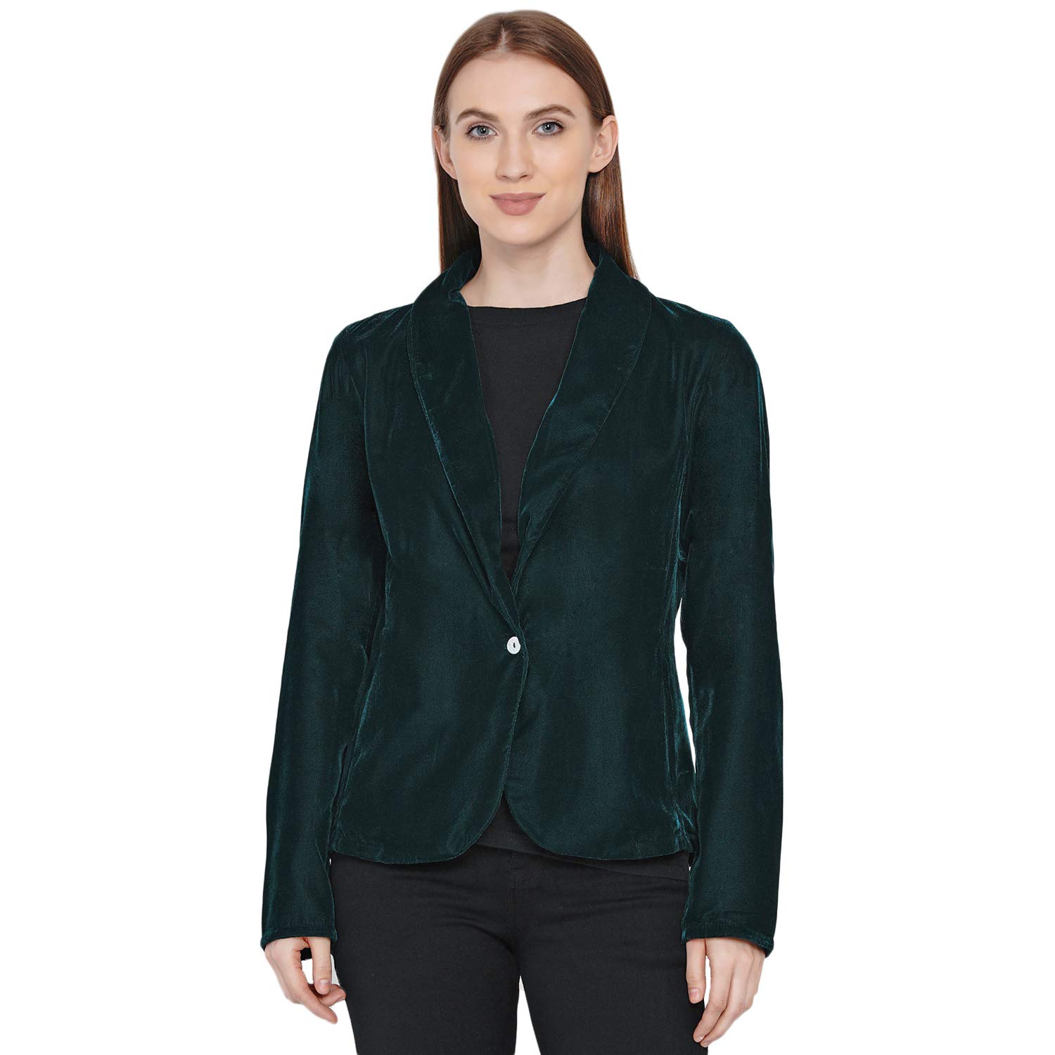 Fabnest Women Velvet Solid Dark Green Coat