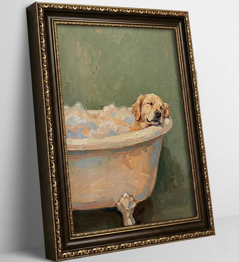 Vintage Framed Golden Retriever Bathtub Wall Art, Funny Dog Canvas 9x11 in