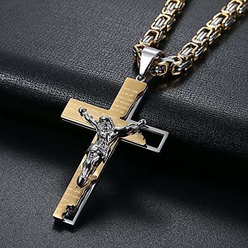 OIDEA Stainless Steel Punk Rock Mens Prayer Jesus Bible Lords Cross Crucifix Necklace,Gold Silver-Two Tone for Birthday Gifts2
