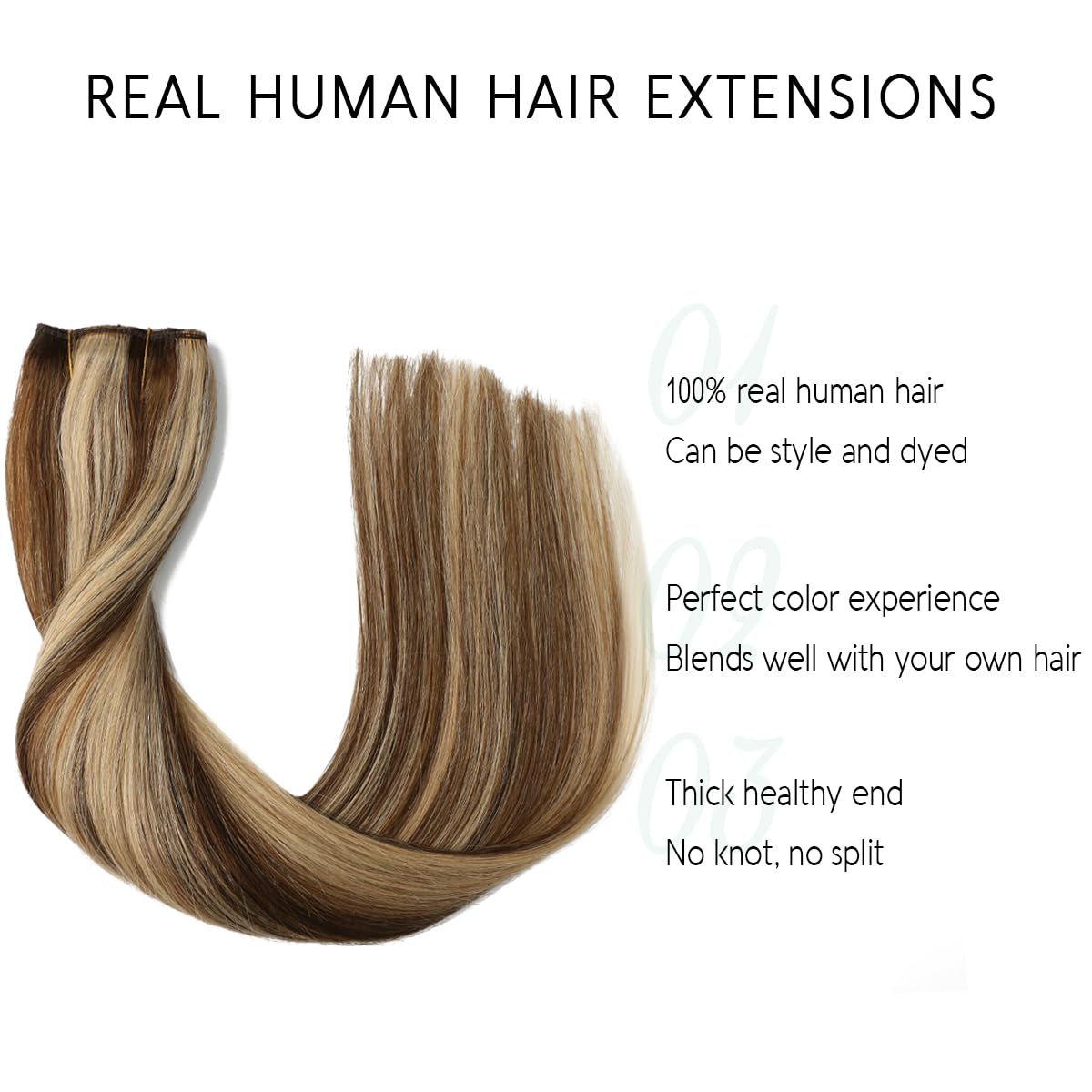 VINBAO Human Hair Extensions Wire Hair Color 4 Medium Brown Highlighted 27 Caramel Blonde 16in 70g Invisible Transparent Wire Fish Line Human Hair Extensions (#4P27 16in)