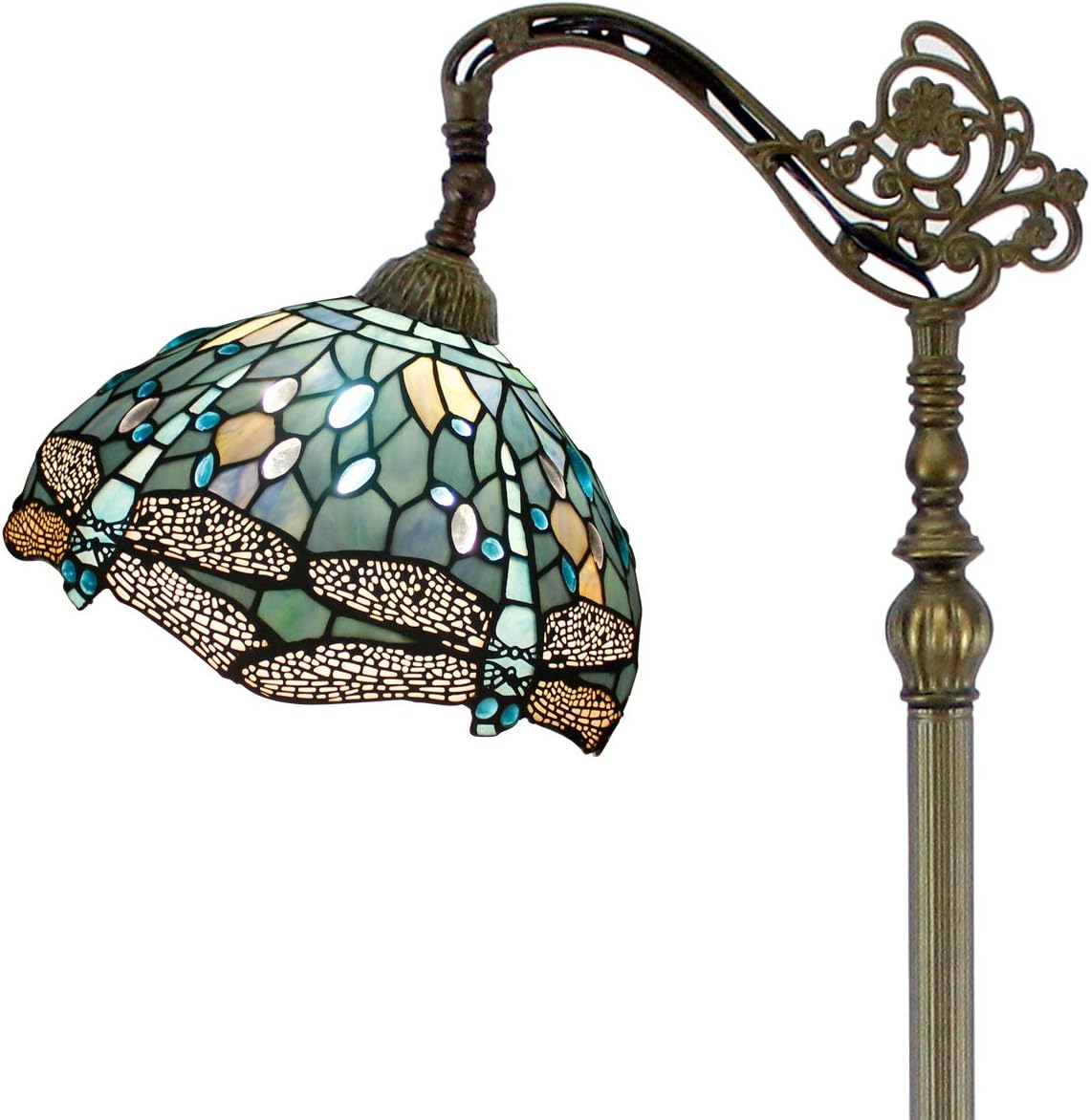 Tiffany Style Reading Floor Lamp W12H64 Inch Sea Blue Stained Glass Crystal Bead Dragonfly Lampshade Antique Lighting Arched Base S147 WERFACTORY Lamps Living Room Bedroom Coffee Table Lover Gifts