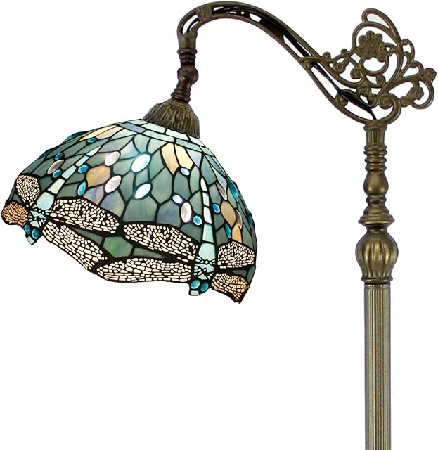 Tiffany Style Reading Floor Lamp W12H64 Inch Sea Blue Stained Glass Crystal Bead Dragonfly Lampshade Antique Lighting Arched Base S147 WERFACTORY Lamps Living Room Bedroom Coffee Table Lover Gifts