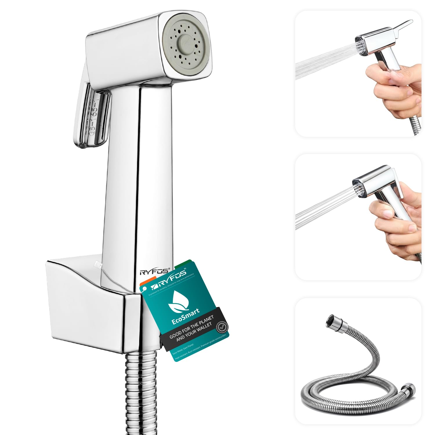 Ryfos India’s 1st Brand with Lifetime Support, R1030HF, ABS Health Faucet, Jet Spray for Toilet with 1-1.2 Mtr SS-304 Flexible Hose Pipe & Wall Hook, Chrome Finish