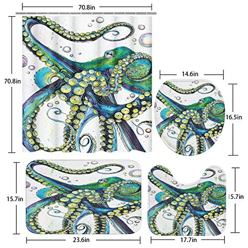 Artsocket 4 Pcs Shower Curtain Set Octopus Sea Animal Color Blue Marine Life Underwater Aquarium Colorful Creature Mollusk With Non-Slip Rugs Toilet Lid Cover And Bath Mat Bathroom Decor Set 72" X 72" #TOP4