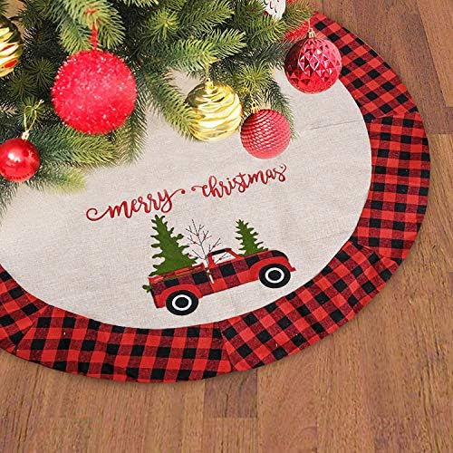 SHANGXING 47 Inch Buffalo Plaid Christmas Tree Skirt with Red Truck-Red and Black Buffalo Plaid Trim Rustic Truck Xmas Tree Skirt for Christmas Holiday Decorations