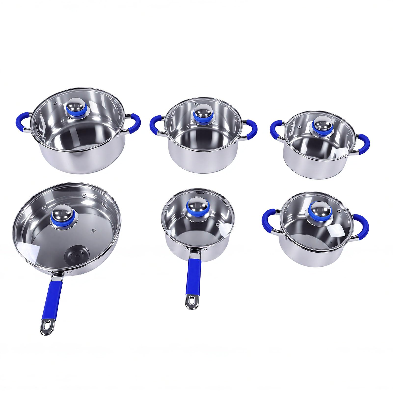 SUNGOOYUE Juego de Ollas de Acero Inoxidable Juego de Utensilios de Cocina de Acero Inoxidable 6 Ollas Base de Triple Capa, Cacerolas para Estufas de Inducción Eléctricas de Gas Universales (BLUE)