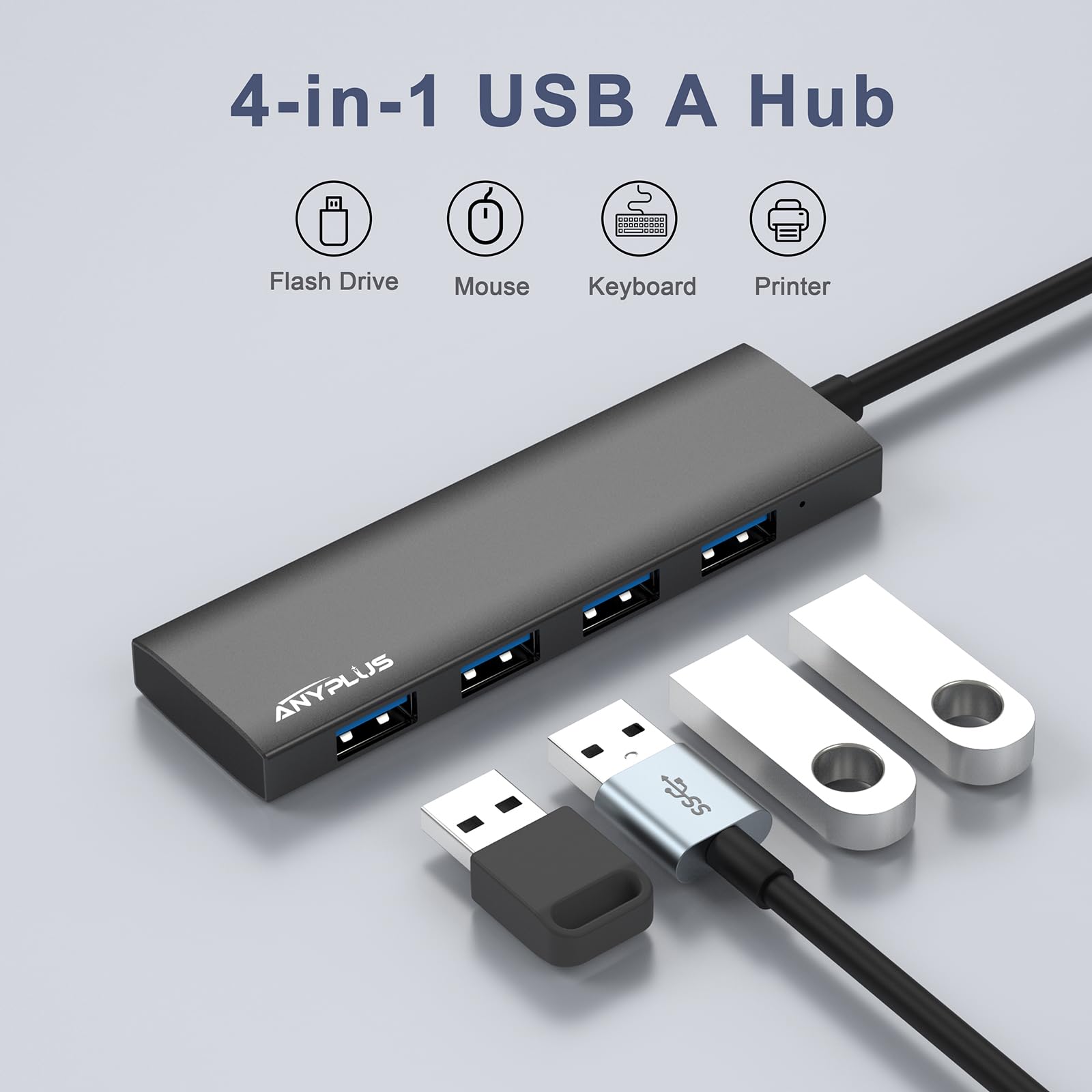 ANYPLUS Hub USB 3.0, 4 Porte Sdoppiatore Multi USB 3.0 Adattatore, Ultrasottile Alluminio Lega USB Hub per PC, Laptop, PS5, MacBook, iMac, Surface Pro, Mac Pro, Flash Drive, XPS【Nero】
