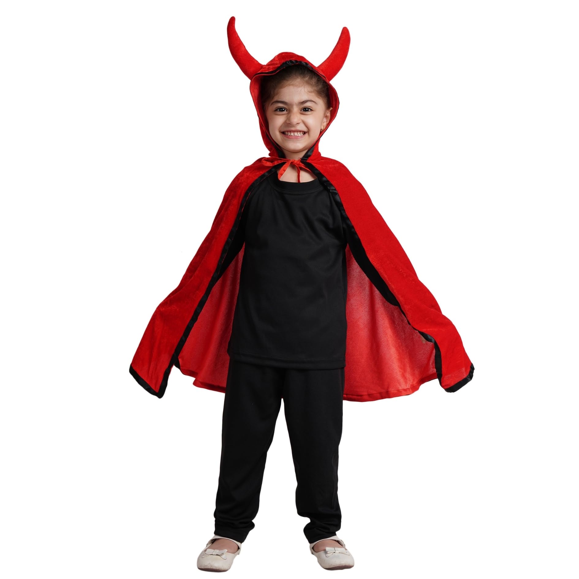 Kaku Fancy Dresses Polyester Red Robe Hooded Cape with Devil Horn and Pumpkin Basket for Halloween Costume for Kids - Red, 5-6 Years