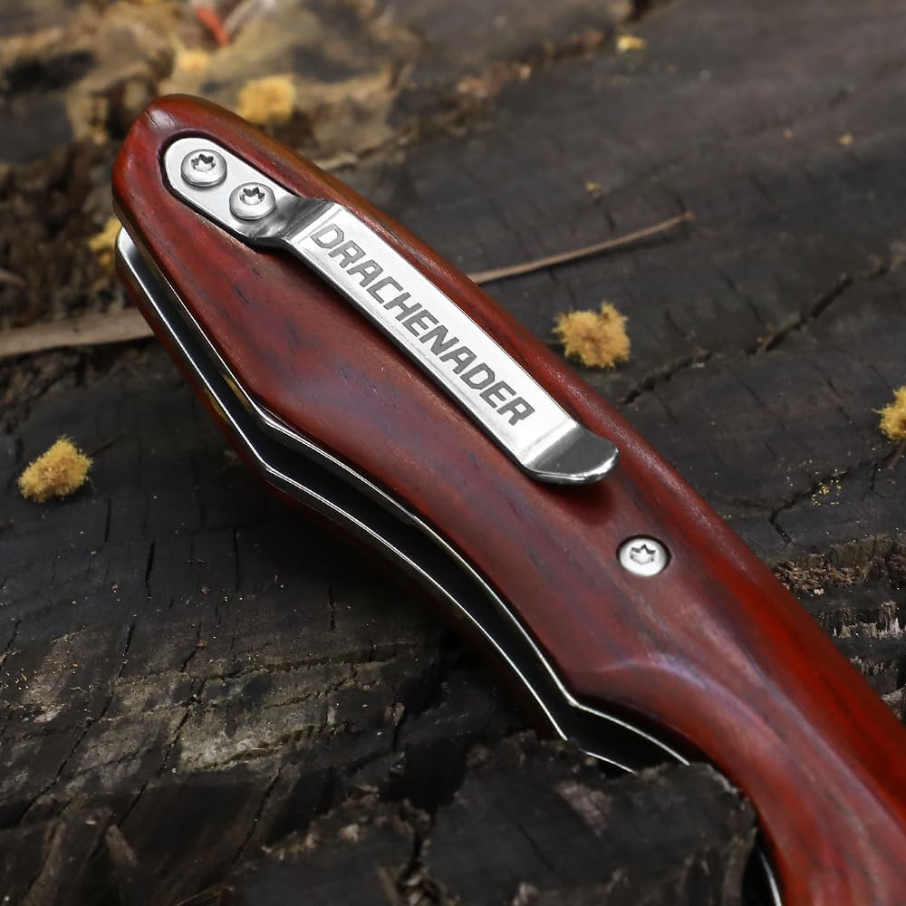 DRACHENADER La navaja de bolsillo plegable de Damasco clip, núcleo de acero VG10 y mango de madera es versátil, fácil de usar y la compañera perfecta para acampar al aire libre.