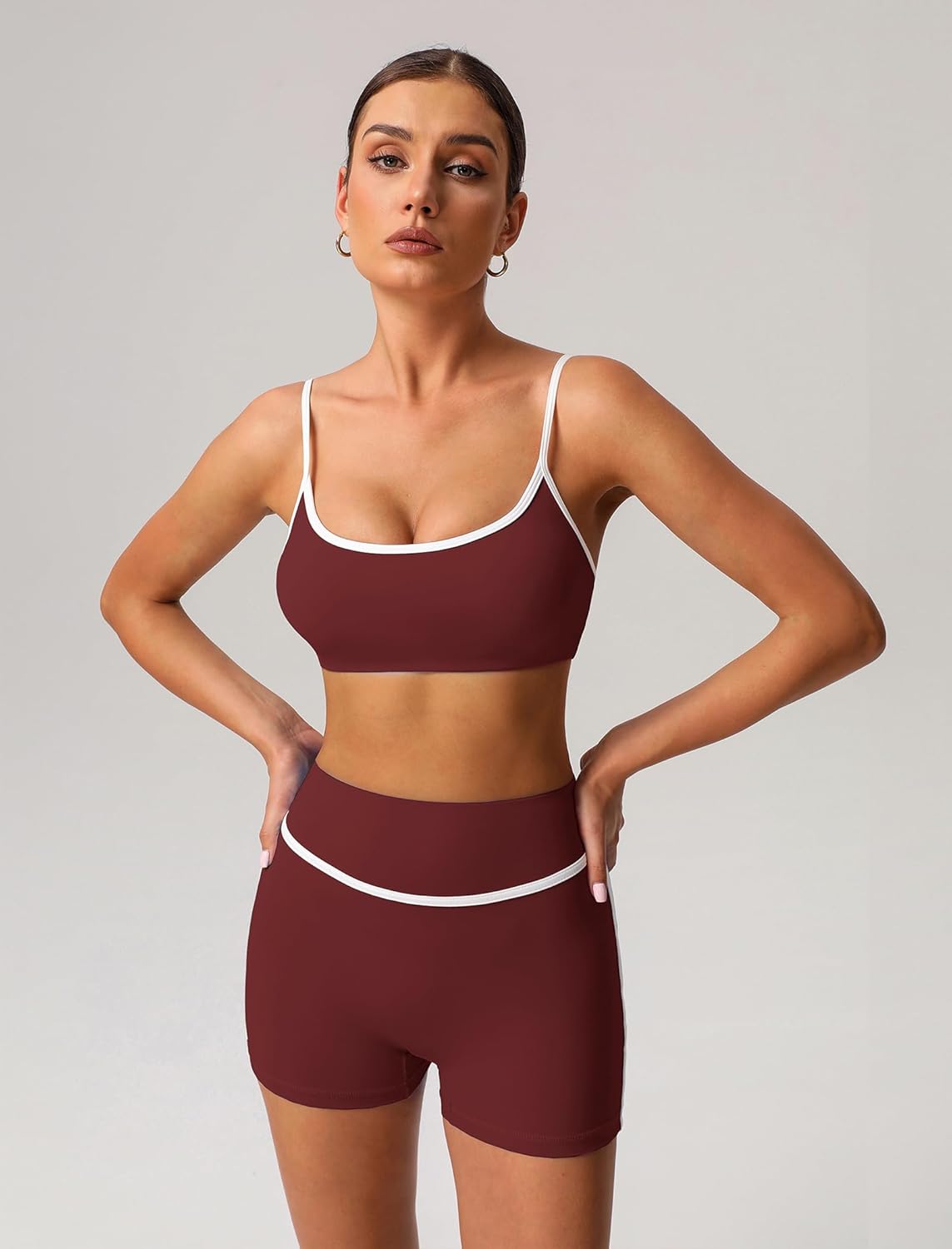 Colorblock Workout Sets for Women 2 Piece Gym Yoga Pilates Outfits Strappy Sports Bra High Waist Shorts Active Athletic Sets