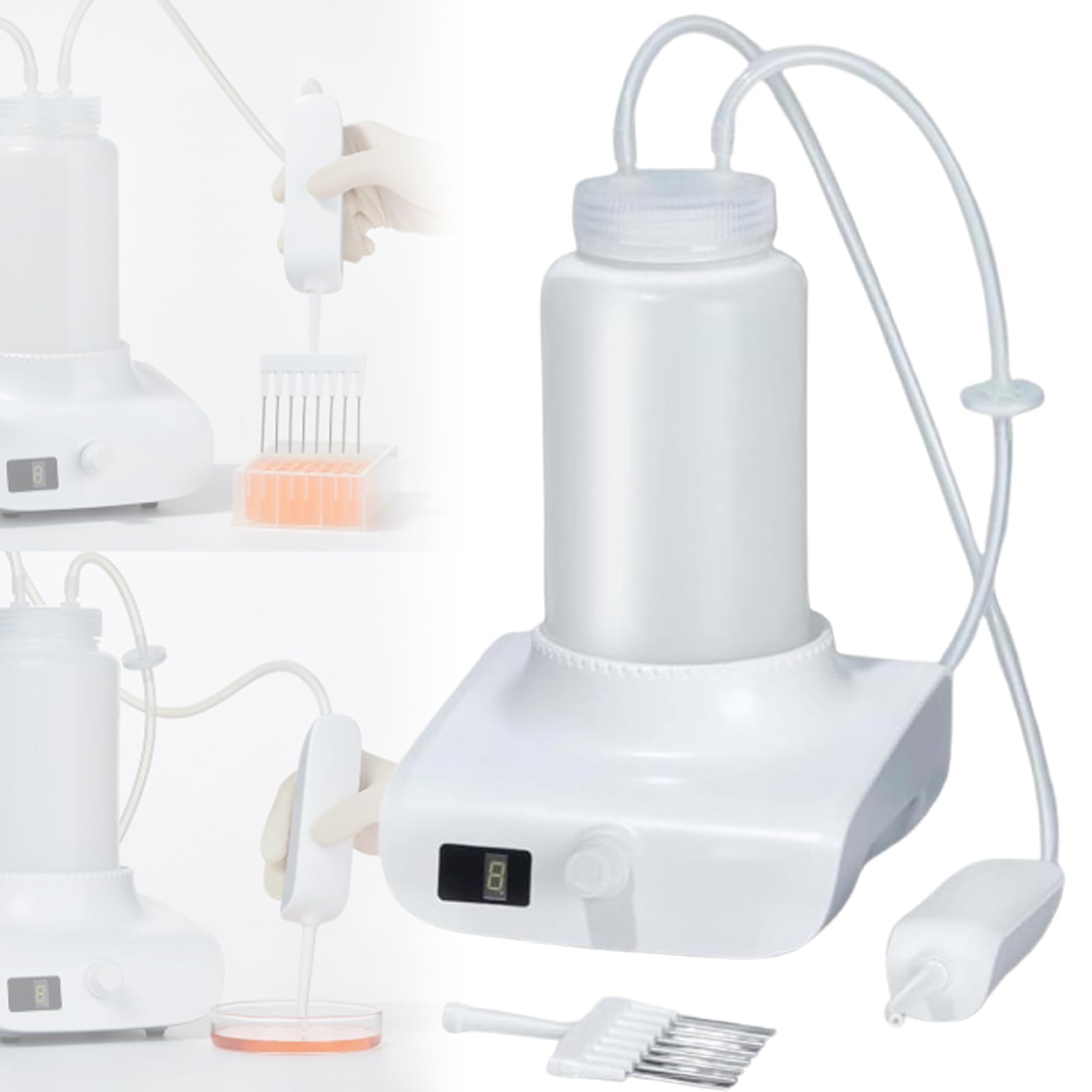Laboratoryjny recykling odpadów płynnych, 1 l próżniowy aspirator próżniowy, regulacja 8 prędkości, szybkość zasysania 1,6 l/min, z głowicą aspiracyjną/uchwytem, pokrętło cyfrowe, 8 poziomów