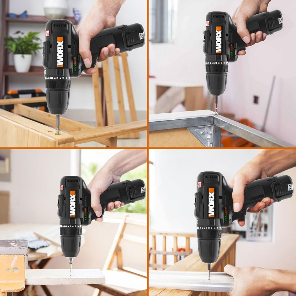 WORX WX121 Taladro Percutor 12V Brushless 40Nm Compacto, 3 en 1, 2 Baterías 2Ah, Cargador y Maletín, para Metal, Madera y Albañilería