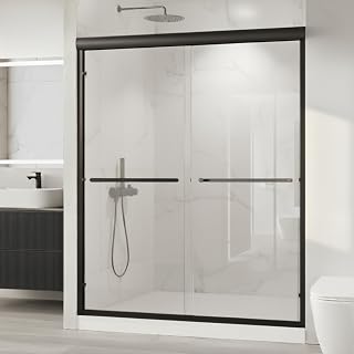 KisaTub 56-60" Sliding Glass Shower Door, Matte Black Aluminum Frame, 6mm Tempered Glass for Walk-in Showers
