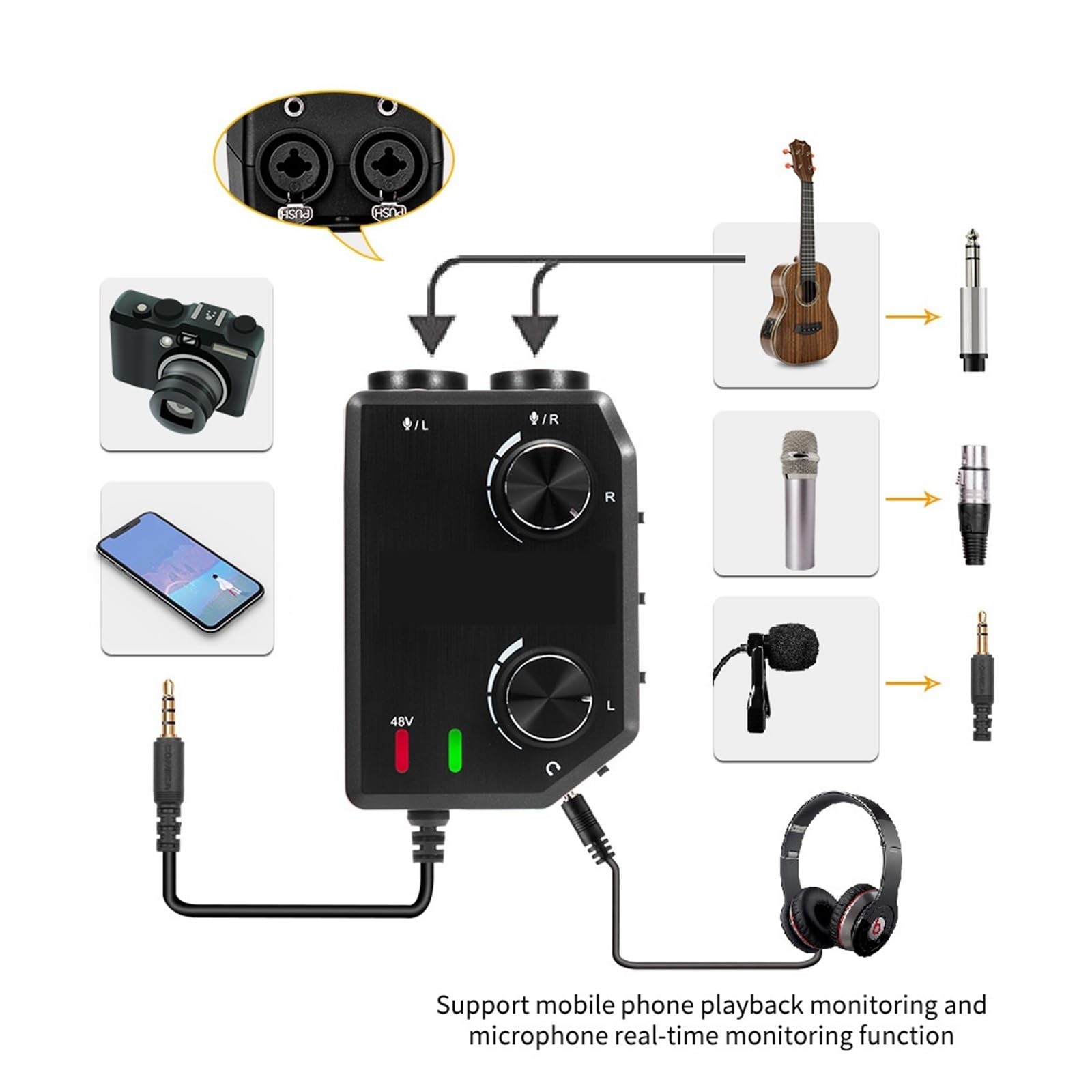 Podcast Equipment, 2-Kanal-Mikrofon-Audiomixer-Vorverstärker mit Phantomspeisung, Gitarren-Audio-Interface-Mikrofon for Kamera