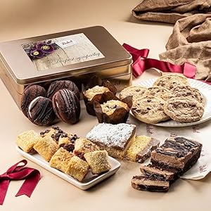 Dulcet Gift Basket Sympathy Baked Goods Gift Box – Luxurious Gourmet Bakery Dessert Gift Tin Box with Whoopie Pies, Muffins, Cookies, Crumb Cake, Delicious Pastry and Condolence for Mom, Dad, Freind, Him, and Her.