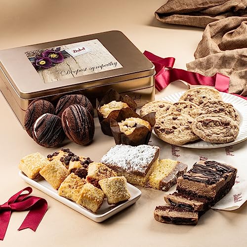 Dulcet Gift Basket Sympathy Baked Goods Gift Box – Luxurious Gourmet Bakery Dessert Gift Tin Box with Whoopie Pies, Muffins, Cookies, Crumb Cake, Delicious Pastry and Condolence for Mom, Dad, Freind, Him, and Her.
