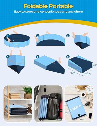 Vista 6 de VISTOP Piscina plegable jumbo para perros, carcasa de plástico duro, piscina portátil para perros, gatos y niños, bañera plegable para mascotas