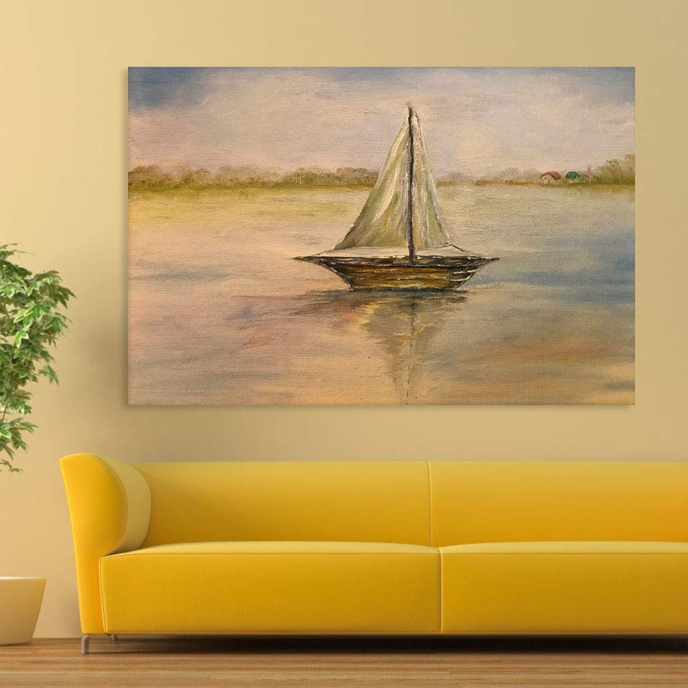 Inephos Unframed Canvas Painting - Beautiful Boat In Lakes Art Wall Painting for Living Room, Bedroom, Office, Hotels, Drawing Room (91cm X 61cm)