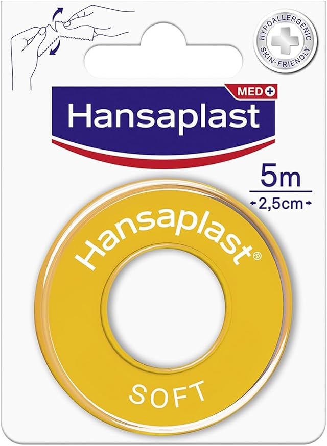 Hansaplast SOFT Cerotto rotolo su Rocchetto, Striscia cerotti ipoallergenici per il fissaggio di bende e compresse su pelli molto sensibili, Cerotto medicazione in tessuto, 1 Confezione da 5m x 2.5cm