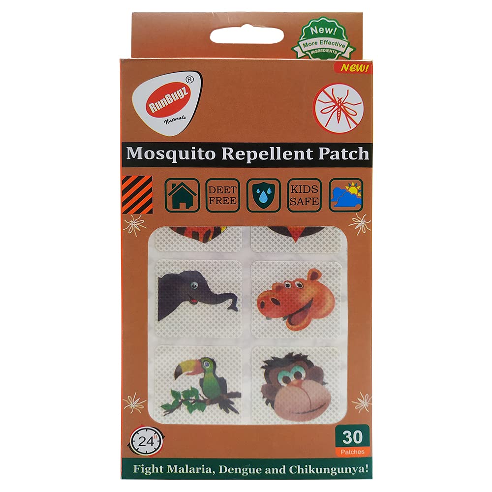 RunBugz Natural Mosquito Repellent Patches for Babies with 24hr Protection (30 Patches - Pack of 1) - with Citronella, Lemongrass & Eucalyptus Oil Protects from Dengue, Malaria, Chikungunya (N Animal Pack of 1)