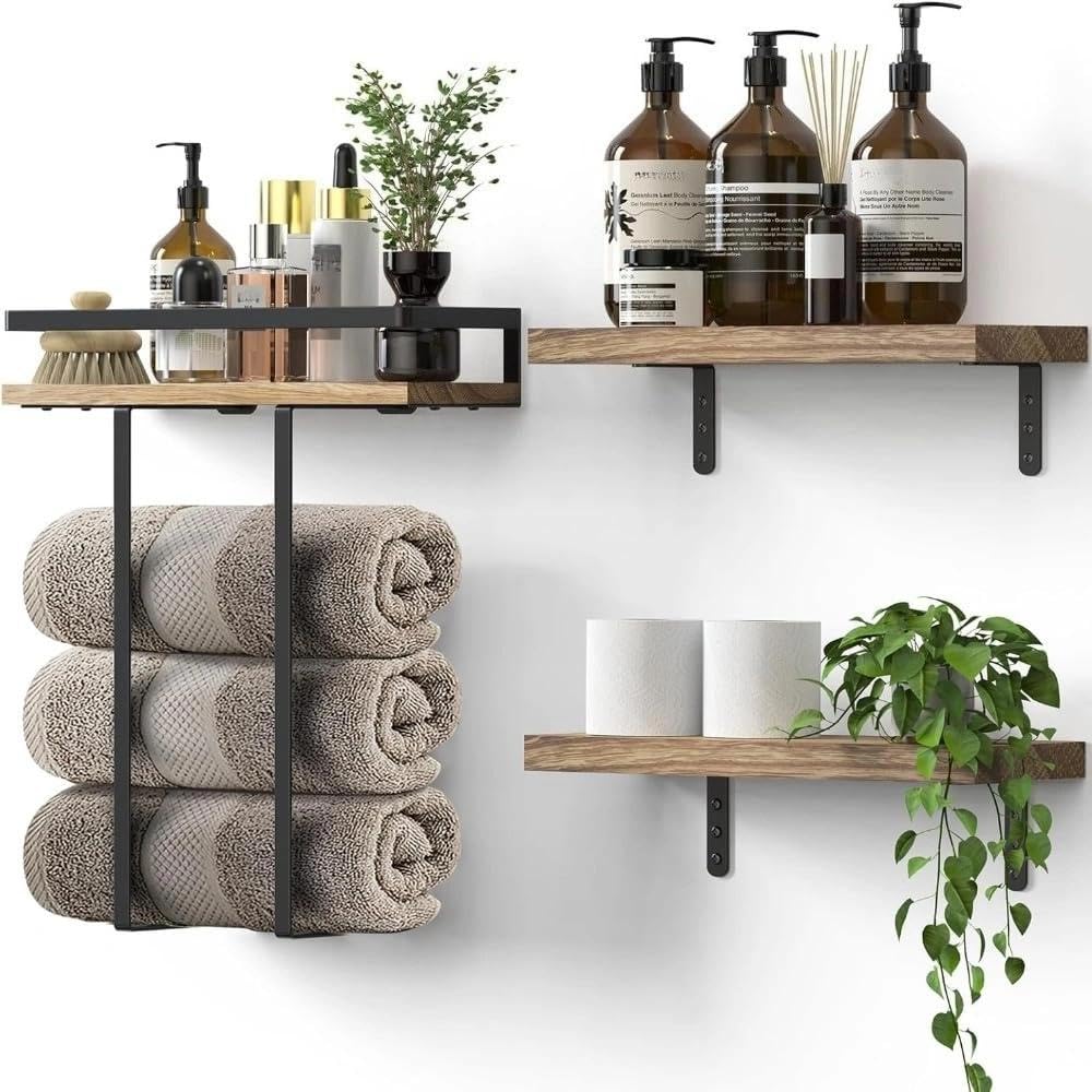 3-in-1 Wall Mounted Shelf with Towel Bar, Space-Saving Bathroom Storage & Hanging Book Shelf for Bedroom, Kitchen