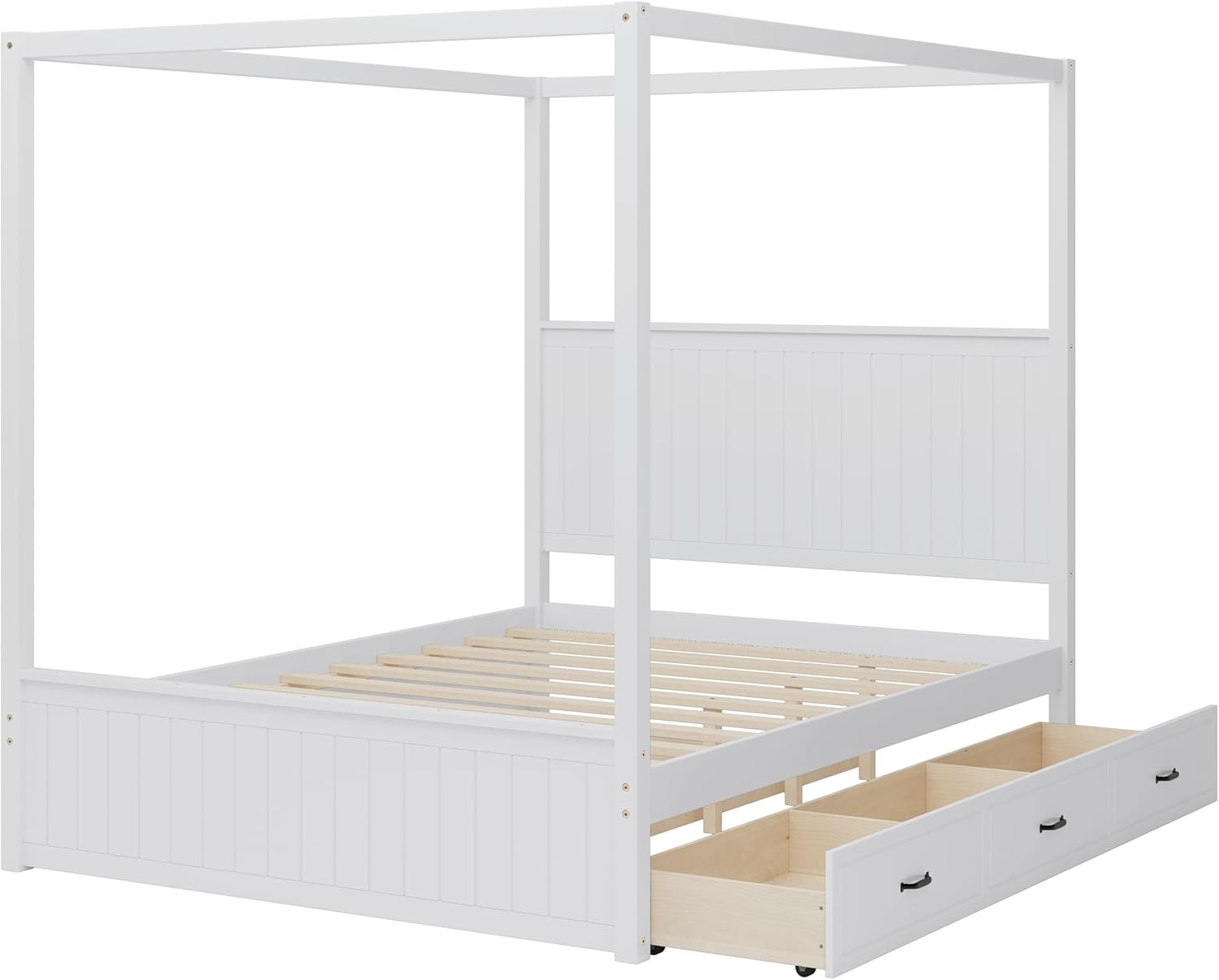 Modern 4-Poster Canopy Platform Bed Queen Size with Channel Headboard, Solid Wood Canopied Design Platform Bed Frame with Trundle and 3 Storage Drawers (White-2.22)