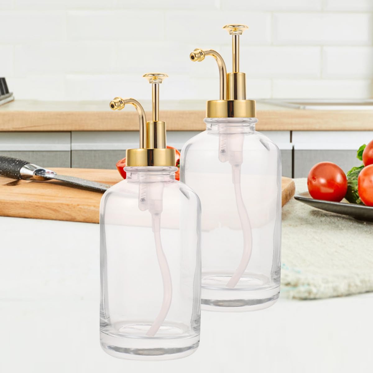 Dispensador de Jarabe de Vidrio 500ml, 2 Piezas Dorado | Acero Inoxidable y Pp, Diseño Elegante, Uso Doméstico, Protege de Impurezas