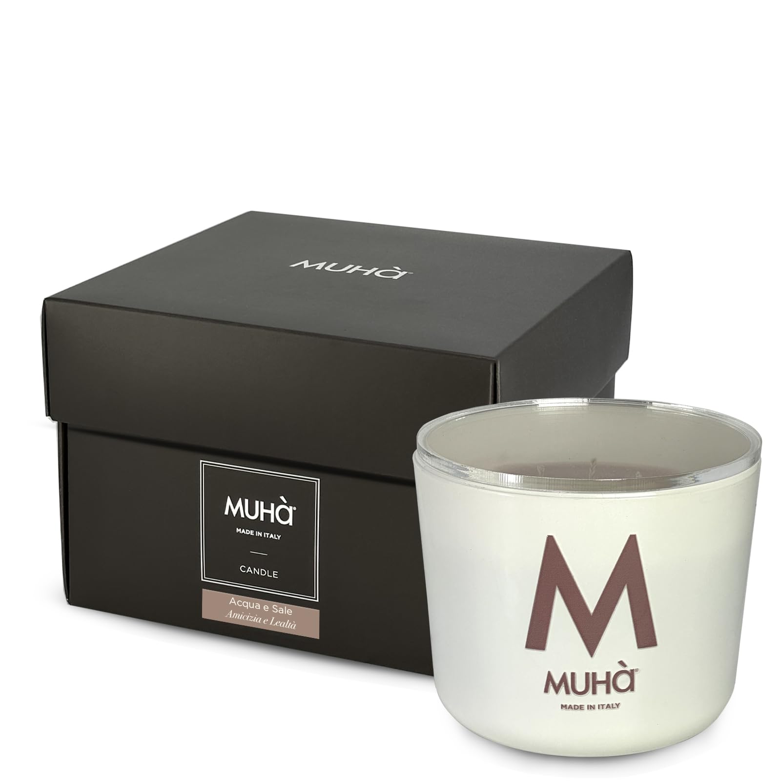 MUHA' | Candela Profumata in Vetro Bianco, Fragranza Acqua e Sale, Profumatore per Ambienti, Formato da 500 Gr