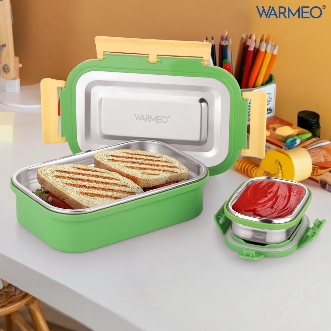 WARMEO Delight - Lonchera hermética de acero inoxidable aislada a prueba de fugas con tapa de cierre de clip, peso ligero, fácil de limpiar, perfecta para oficina, escuela y picnic (800 ml + 150 ml